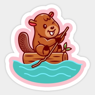 Cute Beaver Rowing On River Cartoon Sticker